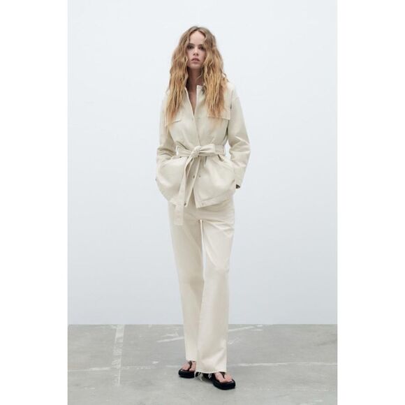 NWOT Zara Denim Jacket with Belt in Ice Color, Size Medium - Picture 2 of 16